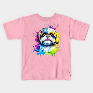 Colorful Shih Tzu Splatter Art - Adorable Canine Delight Kids T-Shirt